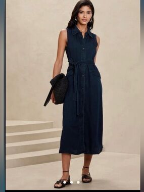 Banana Republic Sleeveless Navy Midi Chambray Shirt Dress with Tie Waist